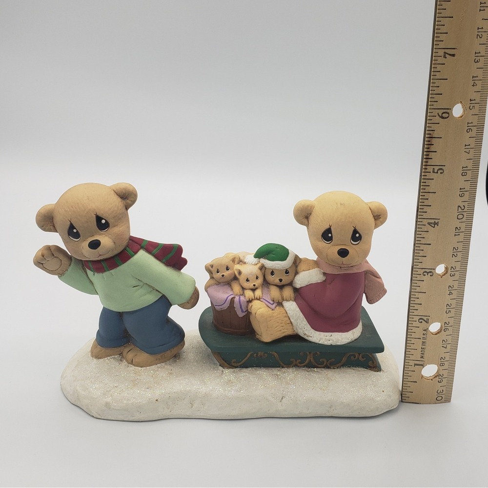 Hand Crafted Painted Winter Bear Family With Sled Ceramic Figurine Holiday‎